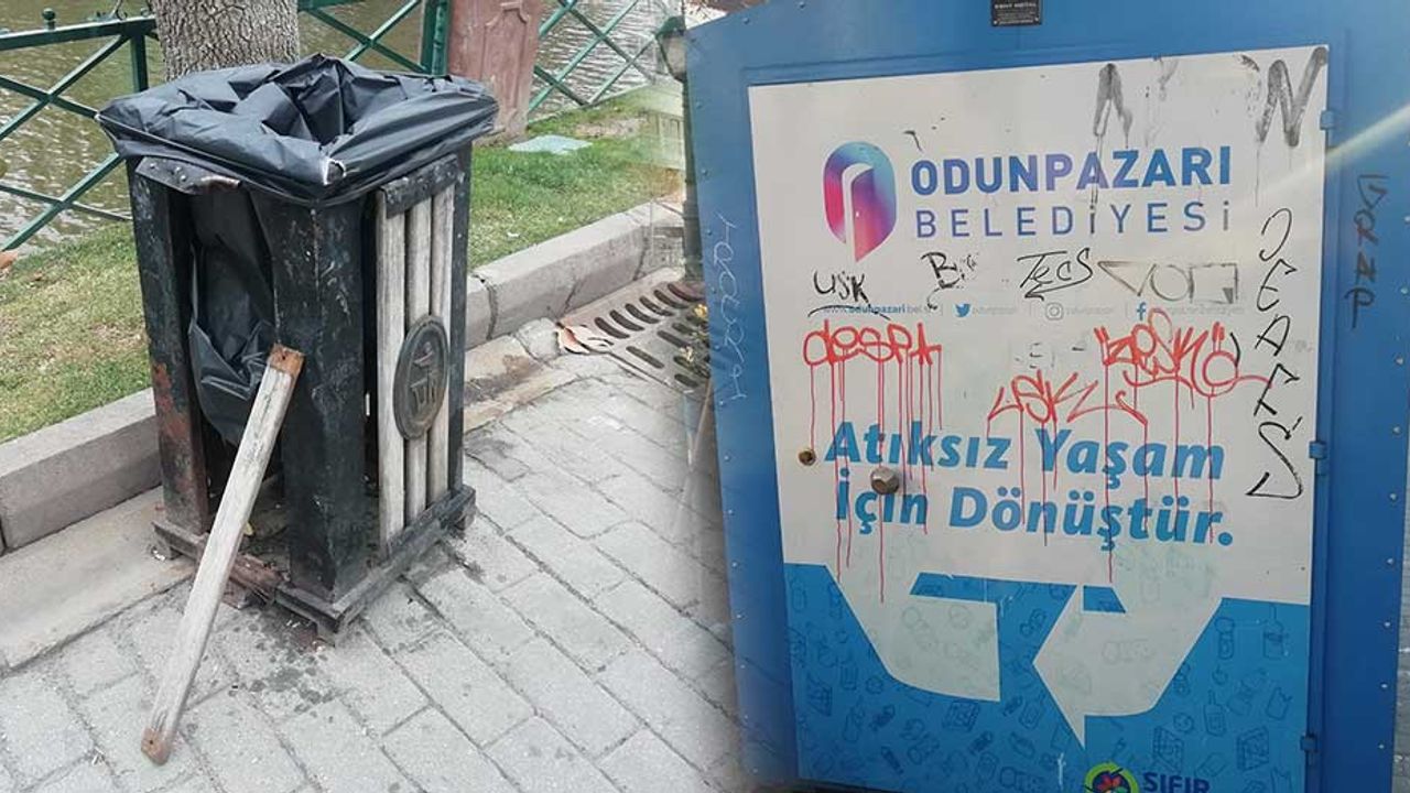 Eskişehir'de çöp kutularına bile rahat yok; Vandallar iş başında!