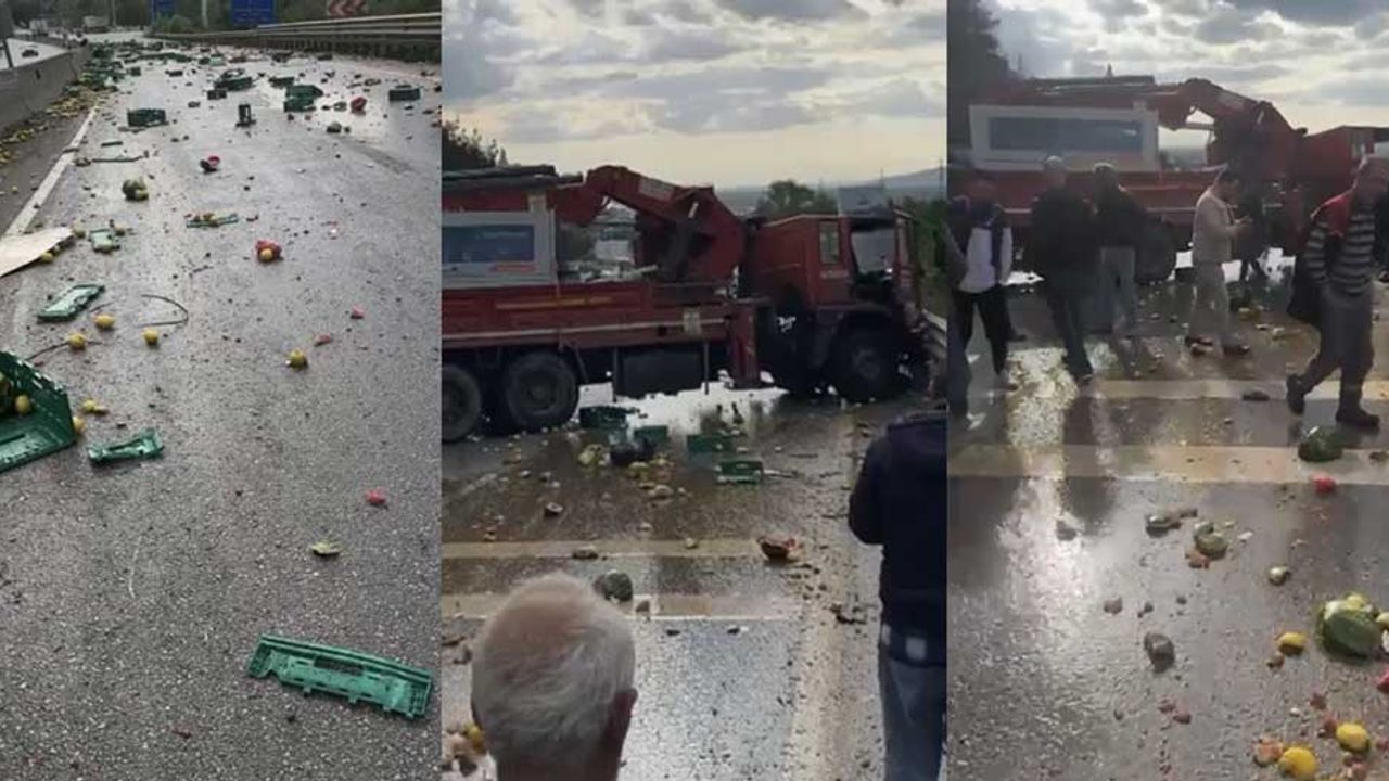 Bursa Eskişehir yolunda sebze yüklü kamyon kaza yaptı!