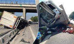 Faciadan dönüldü; Lastiği patlayan sebze yüklü tır devrildi!
