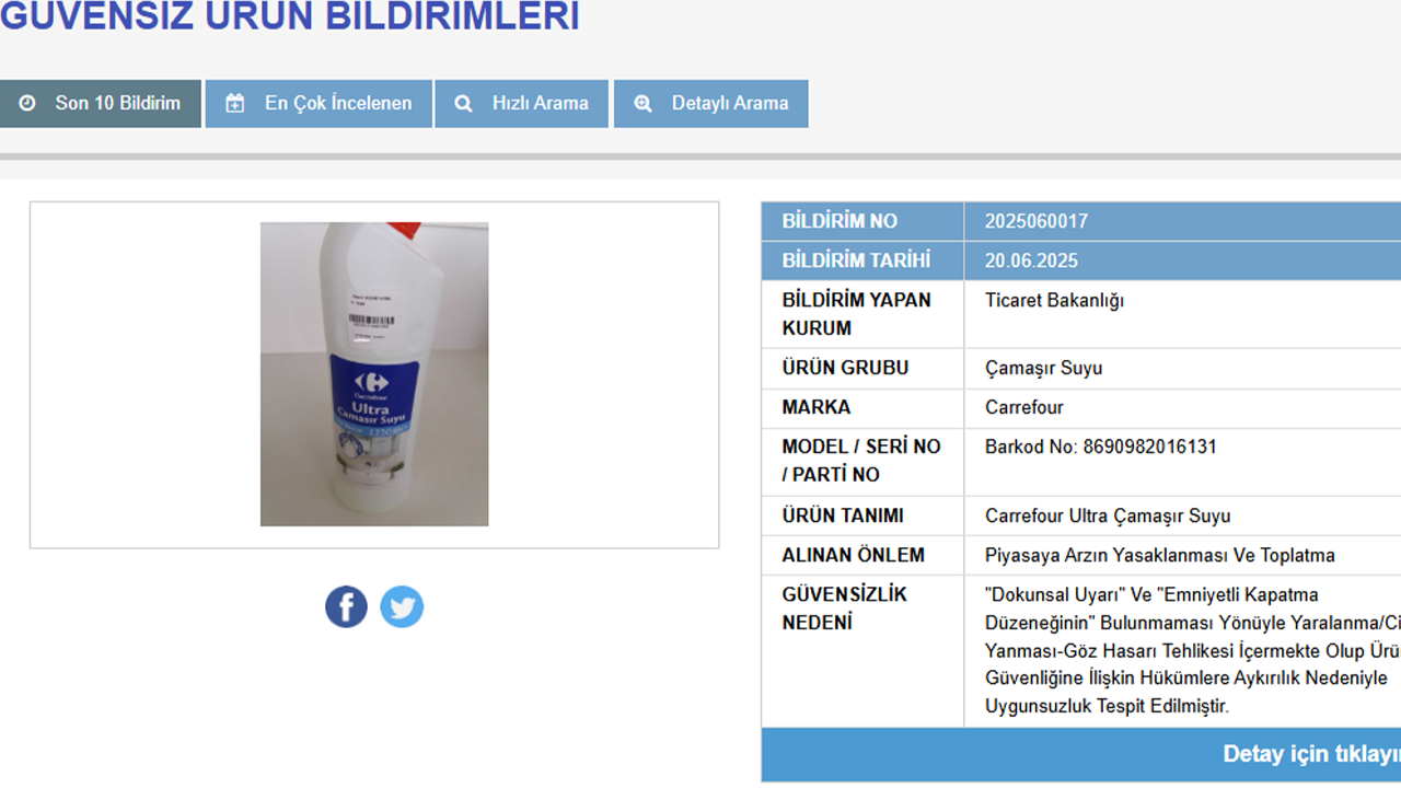 Carrefoursa Çamaşır Suyu Güvensiz Ürün Açıklaması