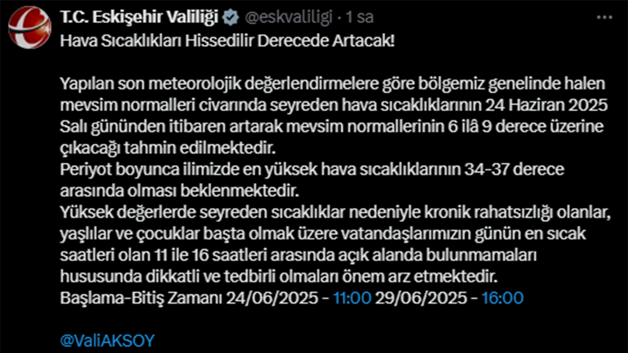 Eskişehir Valiliği Sıcak Hava Uyarısı