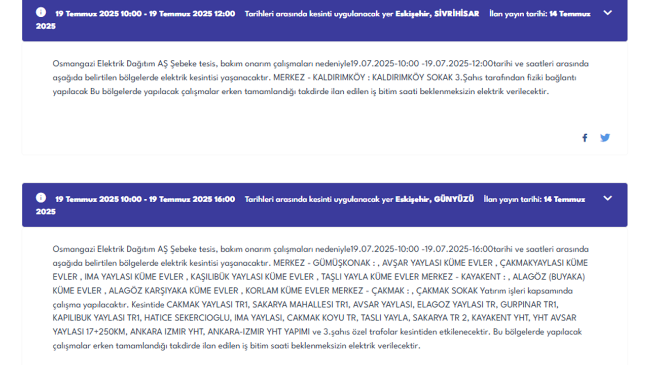 Eskişehir Elektrik Kesintisi Oedaş Duyurusu