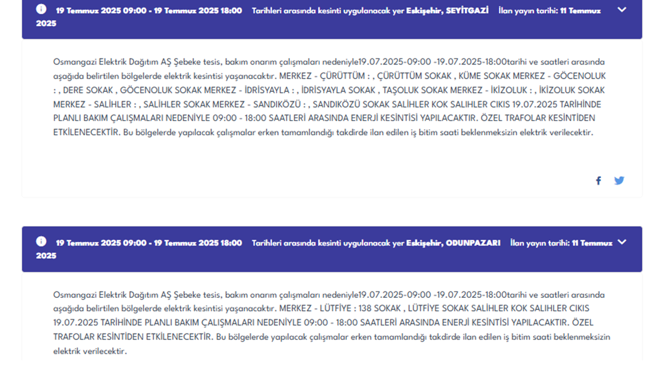 Eskişehir Oedaş Kesinti Duyurusu