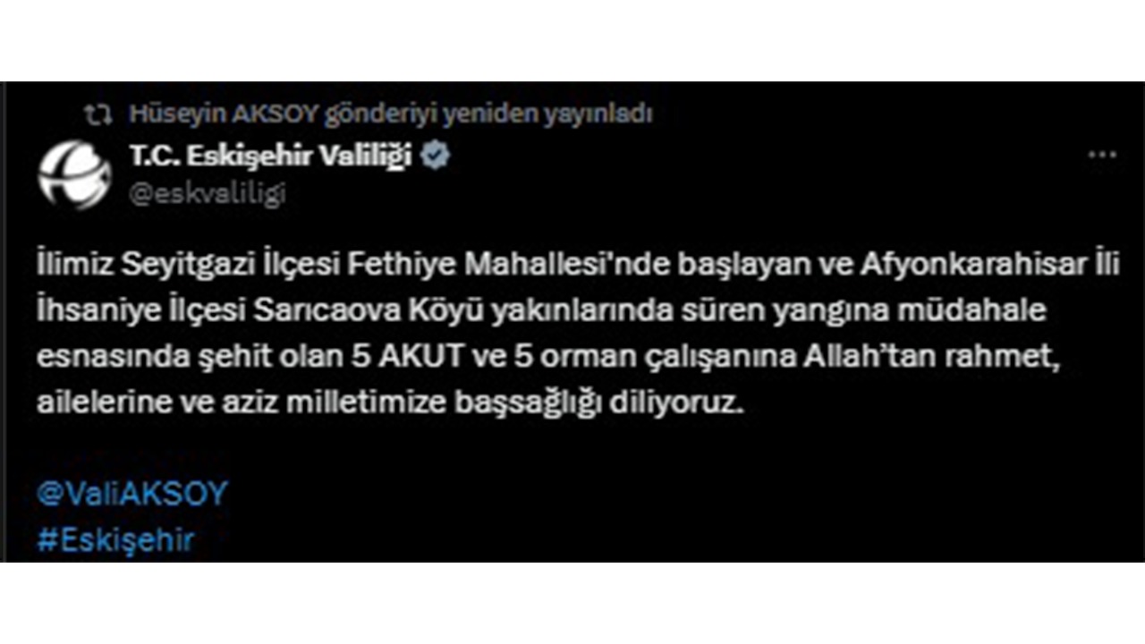 Eskişehir Valiliği Taziye Mesajı