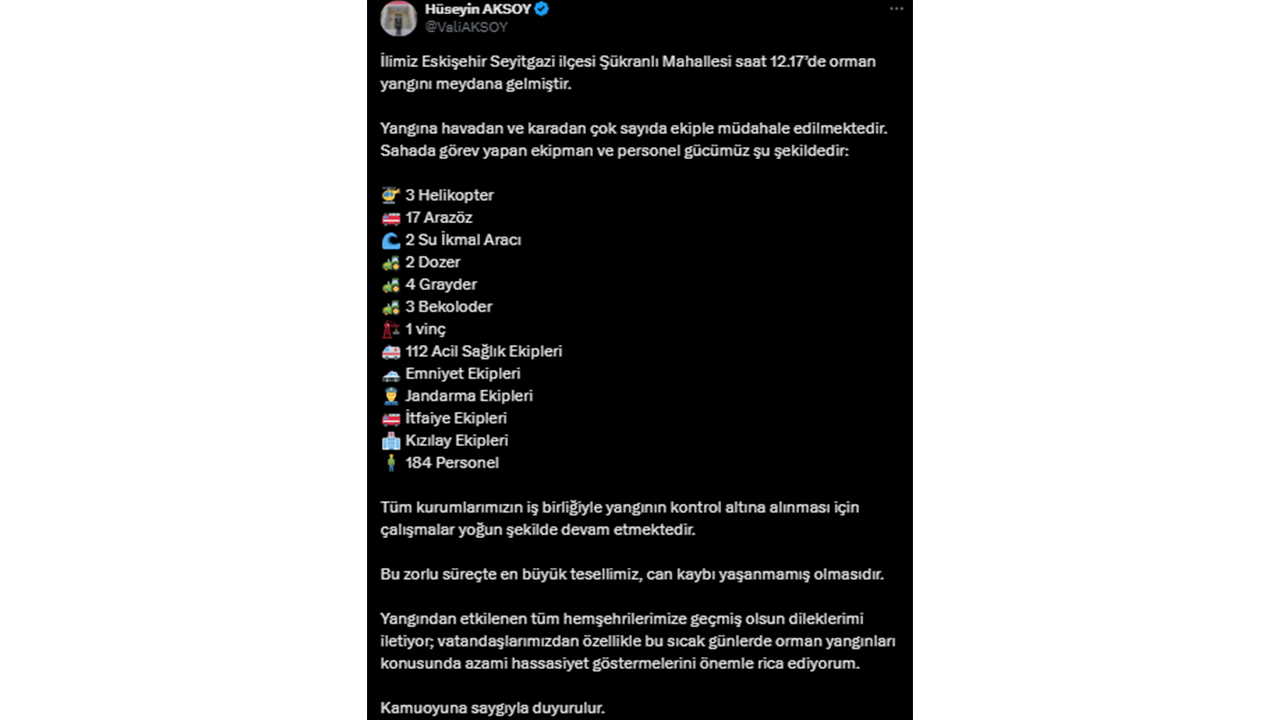 Eskişehir Valisi Aksoy'un Paylaşımı