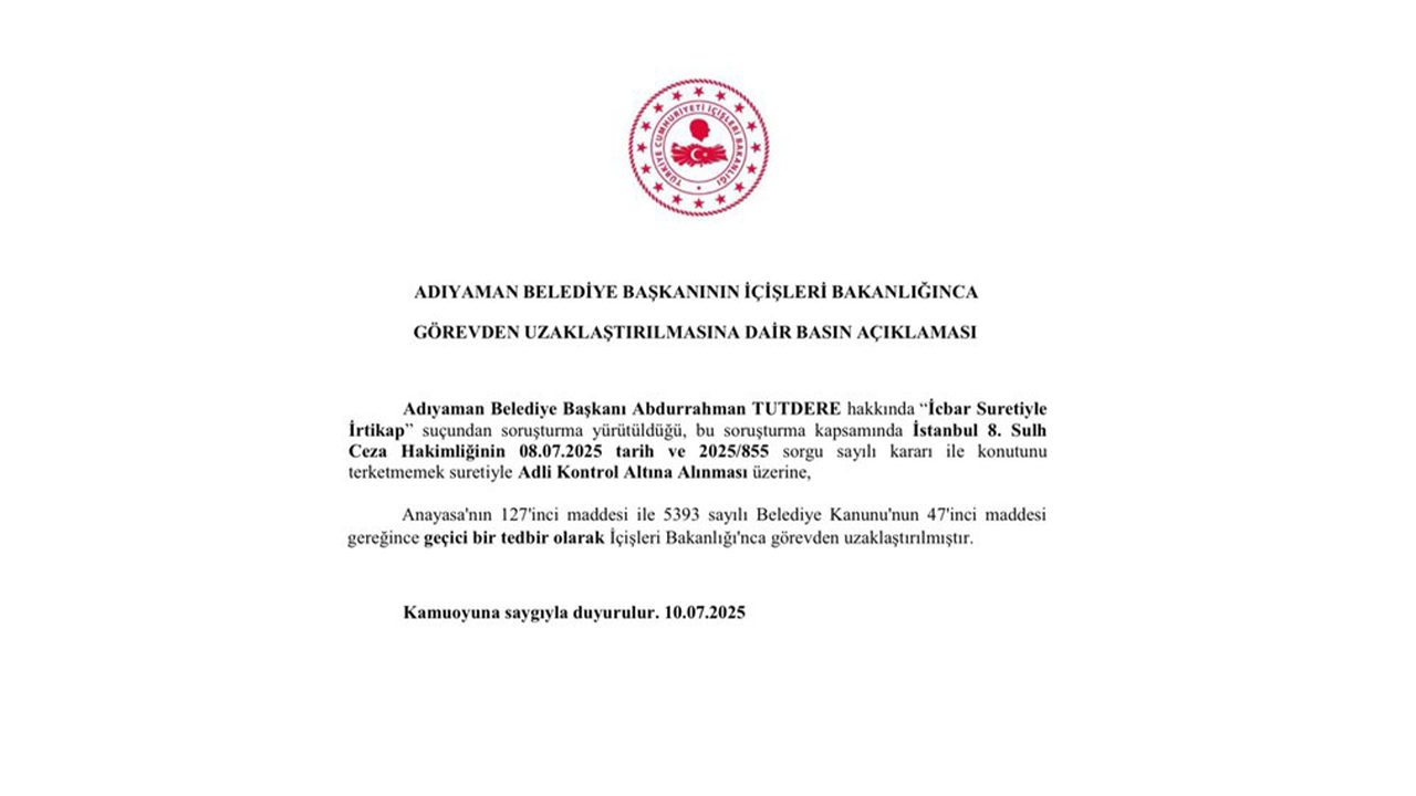 Içişleri Bakanlığı Görevden Uzaklaştırma Kararı