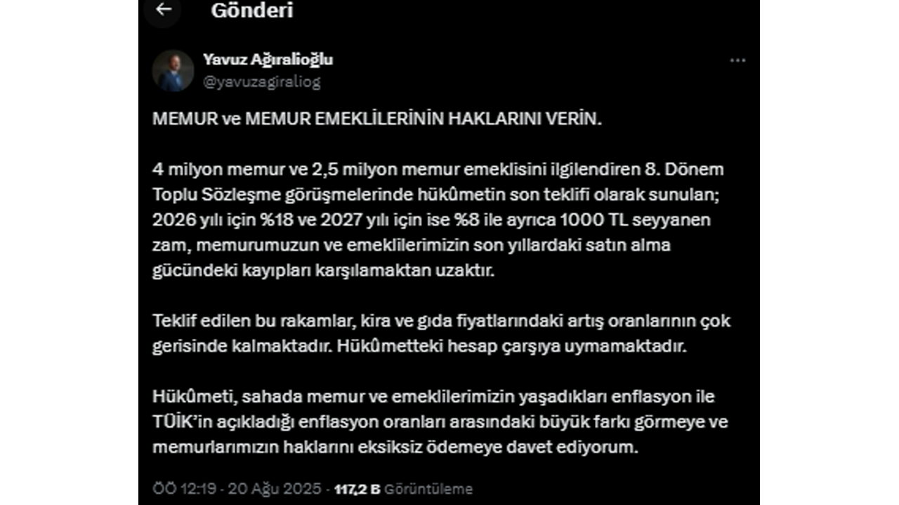 Anahtar Parti Genel Başkanı Yavuz Ağıralioğlu'nun X Paylaşımı