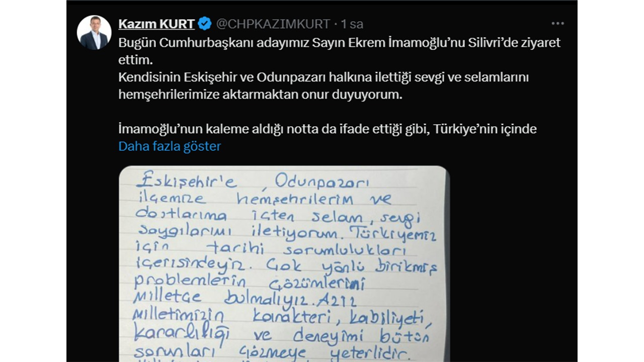 Başkan Kurt'un Imamoğlu Paylaşımı