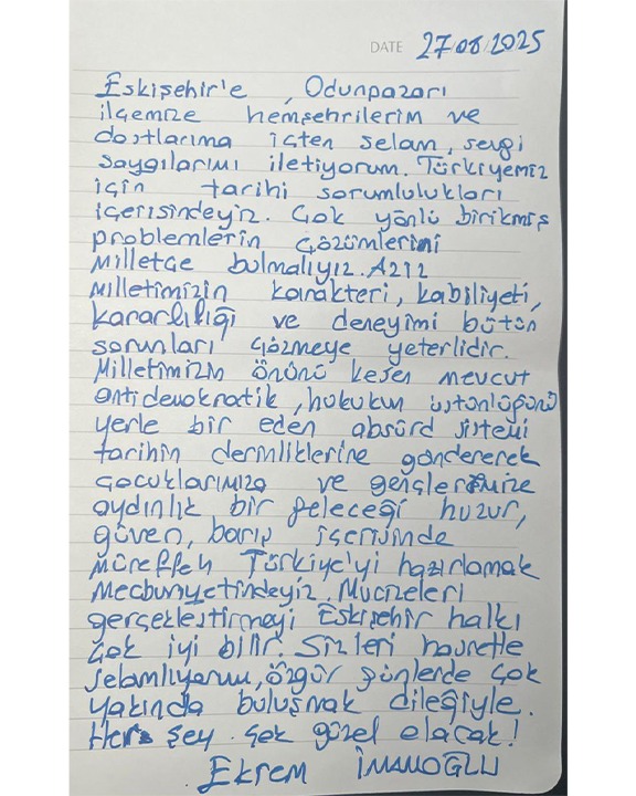 Ekrem Imamoğlu'nun Eskişehir'e Mektubu