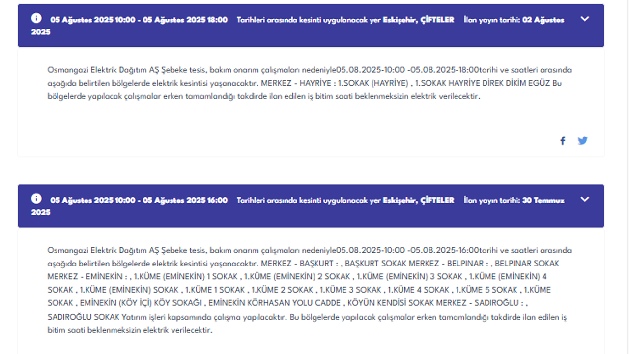 Eskişehir 5 Ağustos Elektrik Kesintisi
