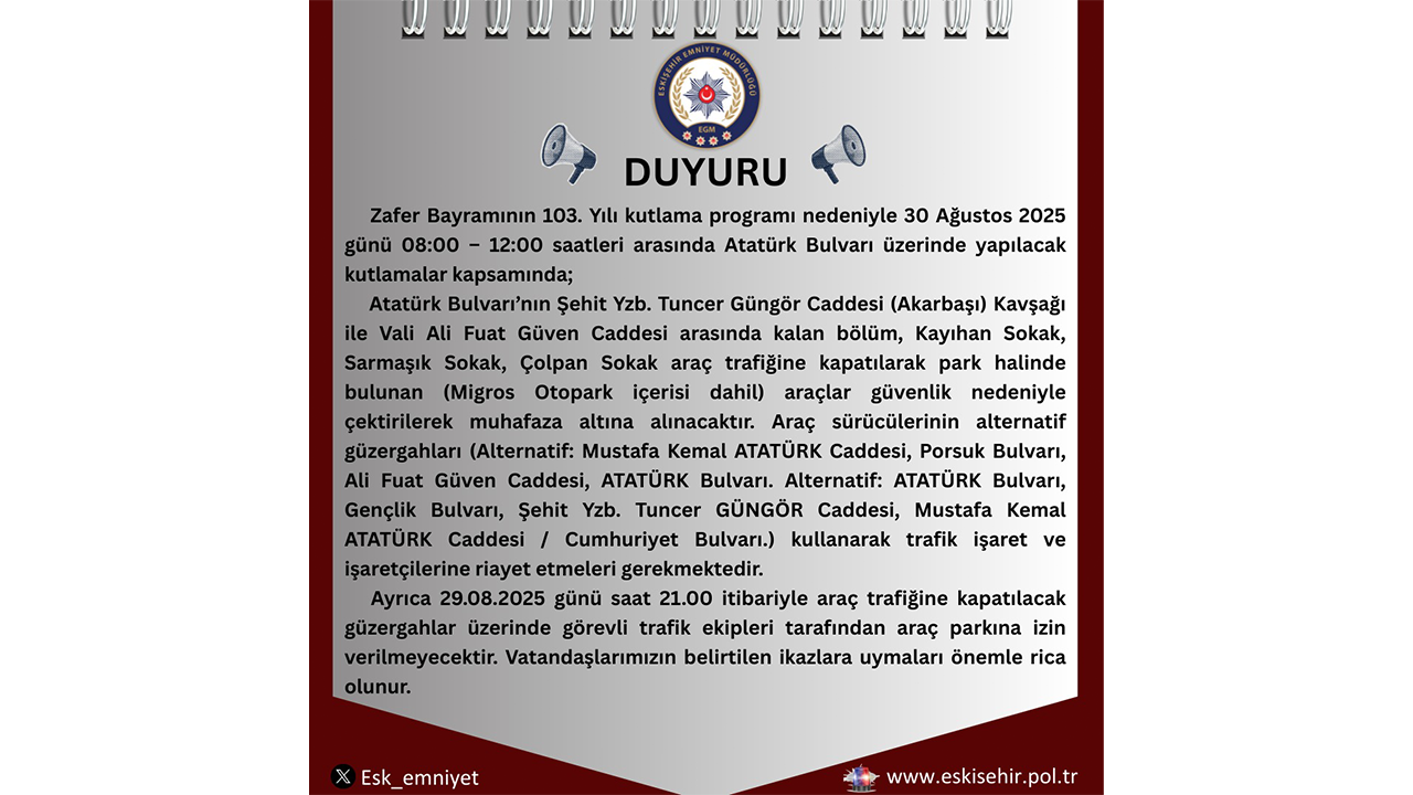 Eskişehir Emniyetinin 30 Ağustos Duyurusu