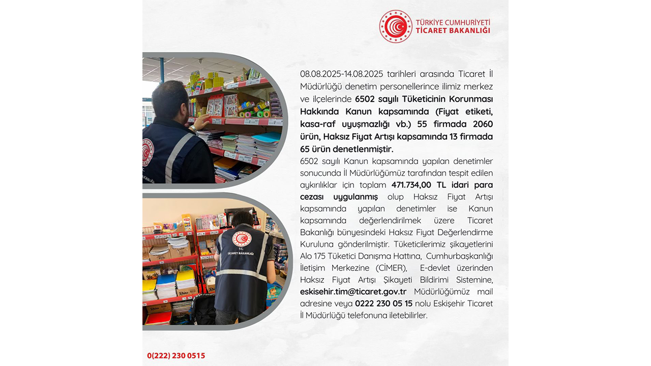 Eskişehir Ticaret Il Müdürlüğü Haftalık Denetim Paylaşımı