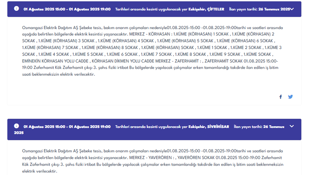 Oedaş Eskişehir Elektirk Kesintisi