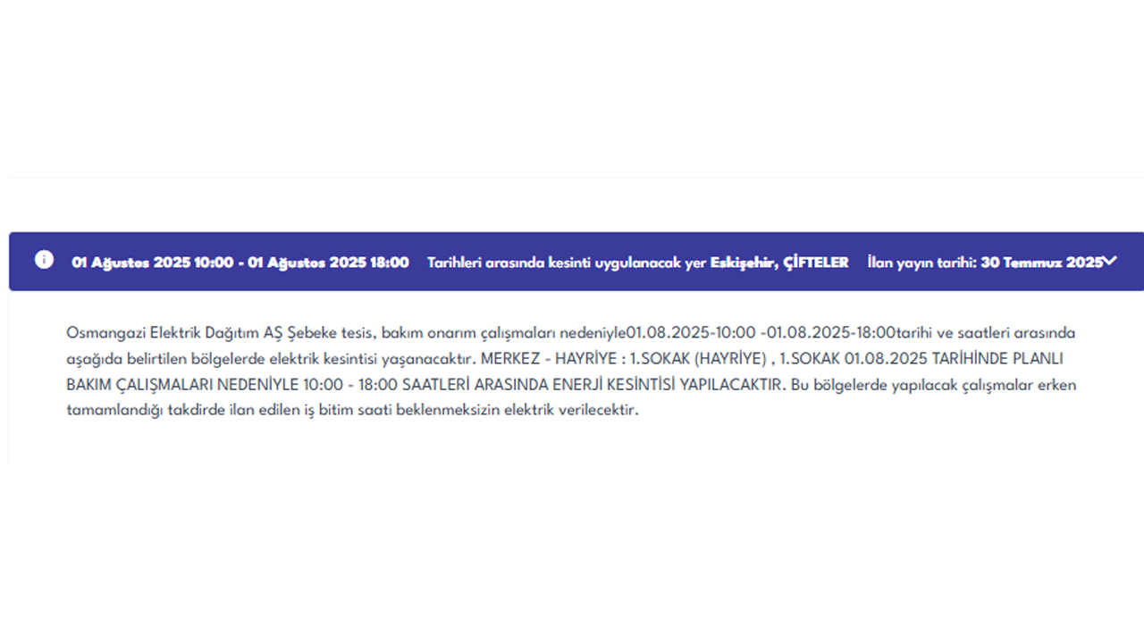 Oedaş Eskişehir Elektrik Kesintisi Duyurusu