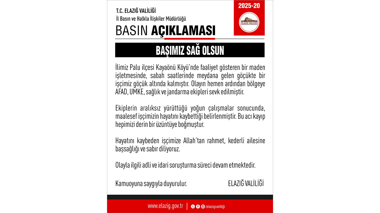 Valilik Acı Haberi Duyurdu