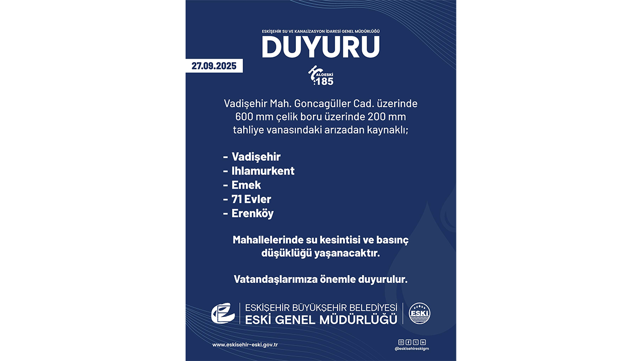 Eskişehir 27 Eylül Su Kesintisi Duyurusu