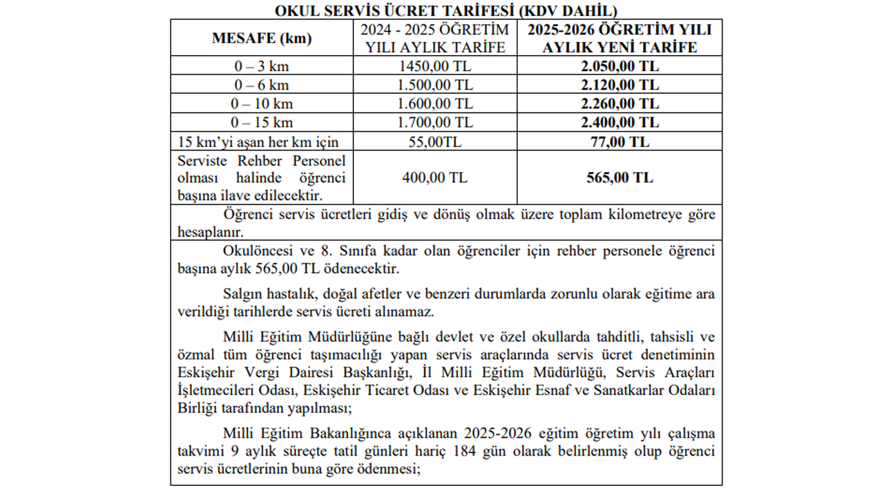 Eskişehir Okul Servis Ücretleri Tarifesi