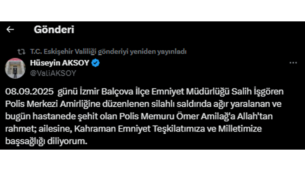 Vali Aksoy'dan Şehit Polis Için Taziye Mesajı