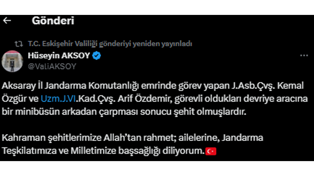 Vali Aksoy'un Şehitler Için Taziye Mesajı