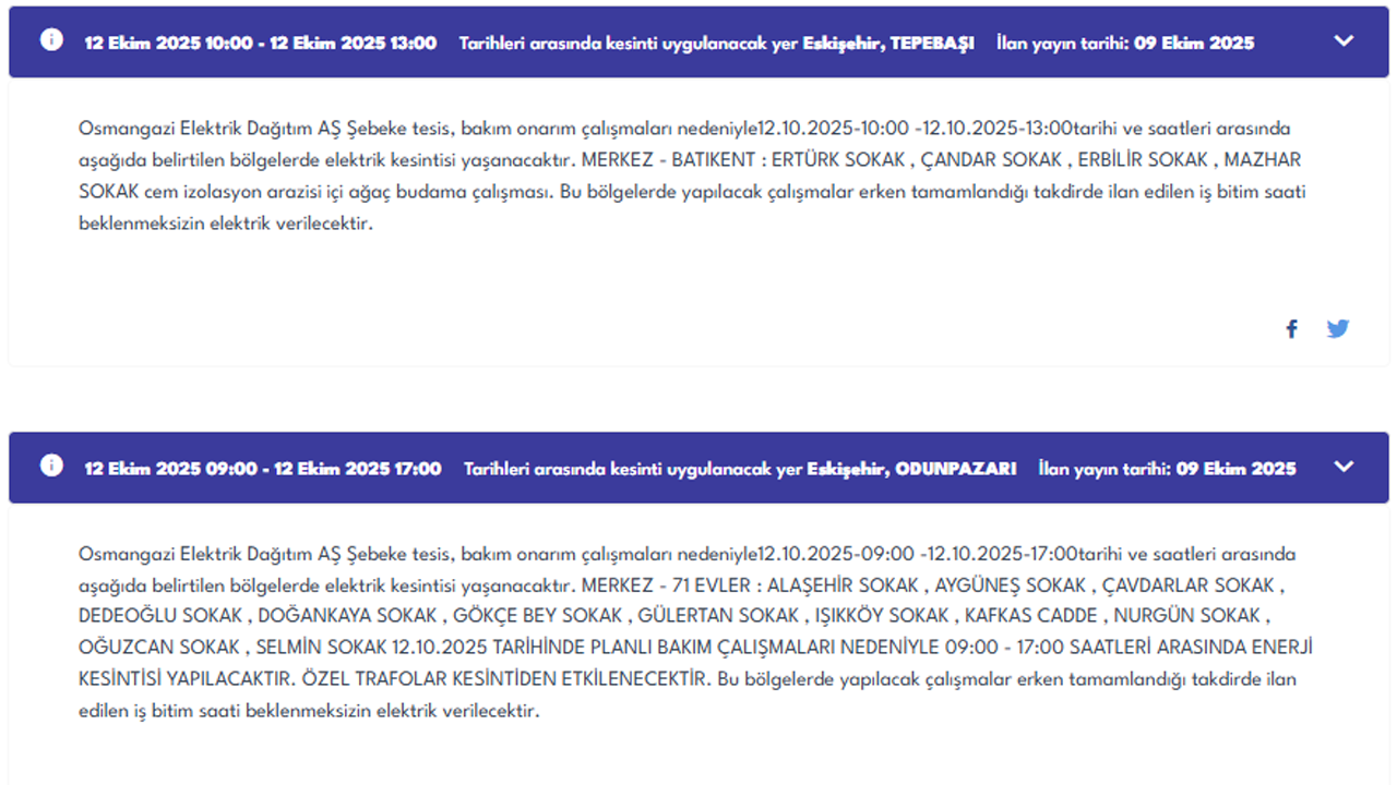 12 Eki̇m Eski̇şehi̇r Elektri̇k Kesi̇nti̇si̇ Duyurusu