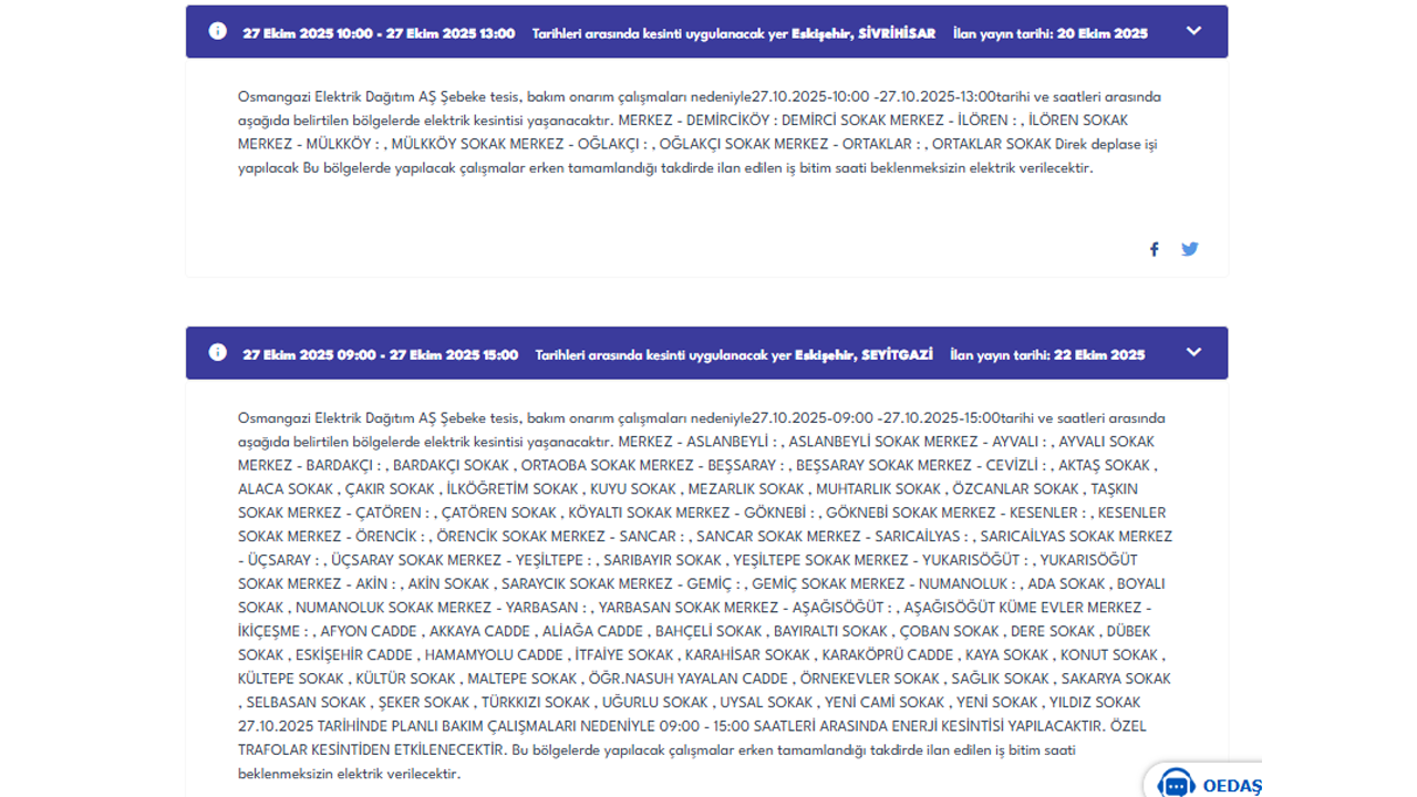 27 Ekim Oedaş Elektrik Kesintisi Duyurusu
