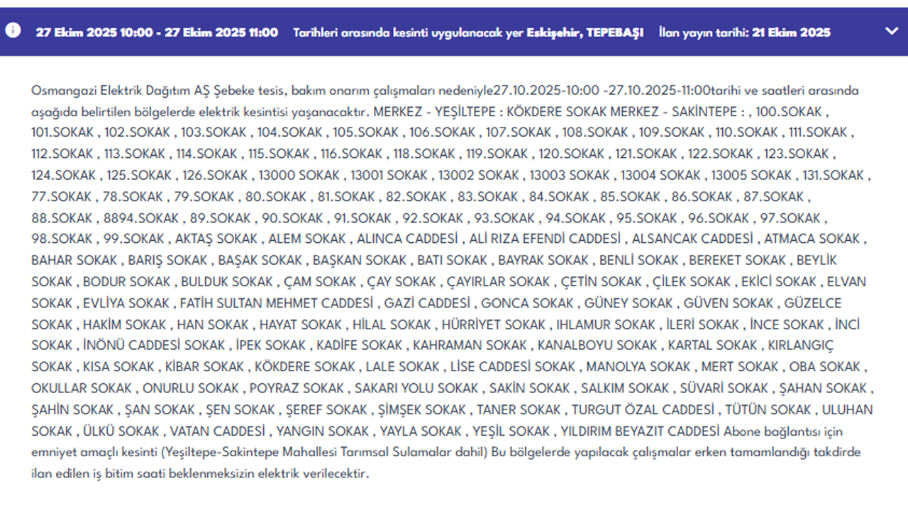 27 Ekim Tepebaşı Elektrik Kesintisi Duyurusu