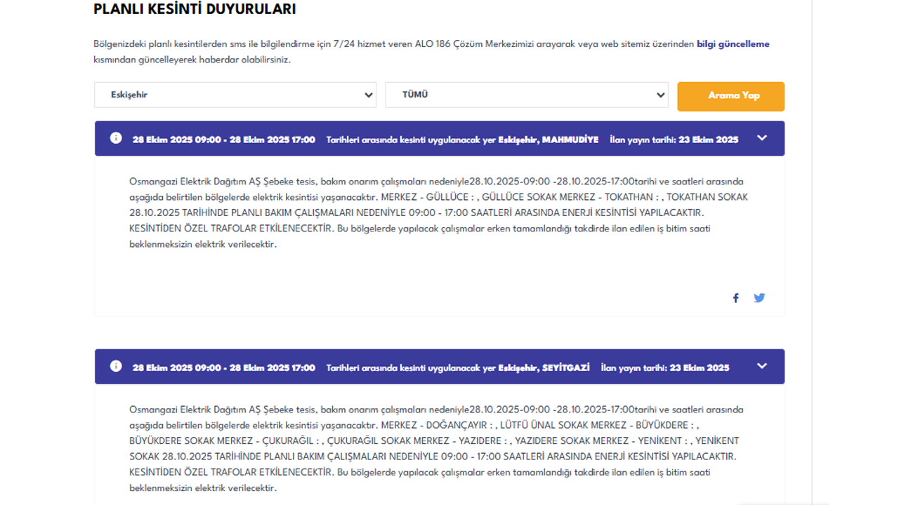 28 Ekim Oedaş Elektrik Kesintisi Duyurusu
