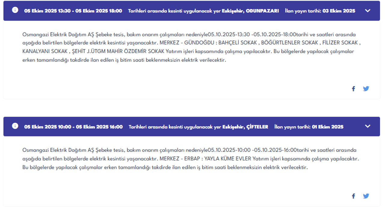 5 Ekim Eskişehir Elektrik Kesintisi Duyurusu