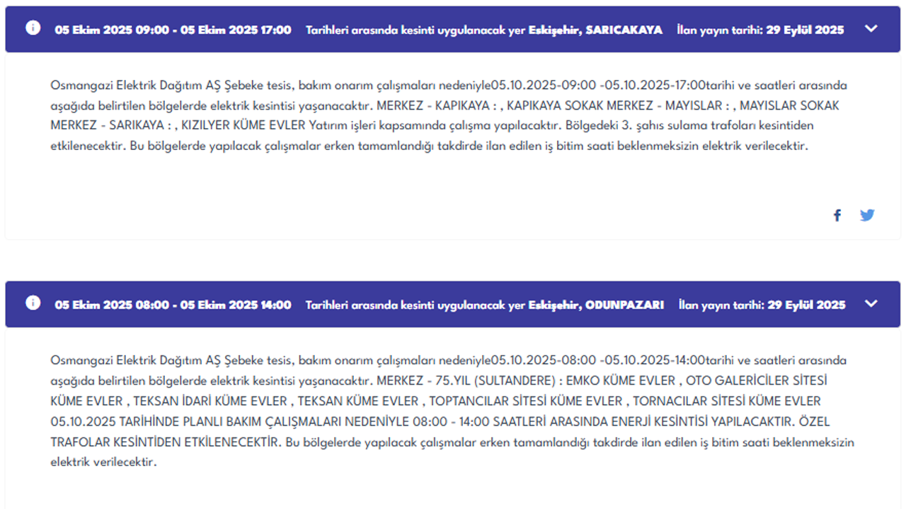 5 Ekim Pazar Oedaş Eskişehir Elektrik Kesintisi