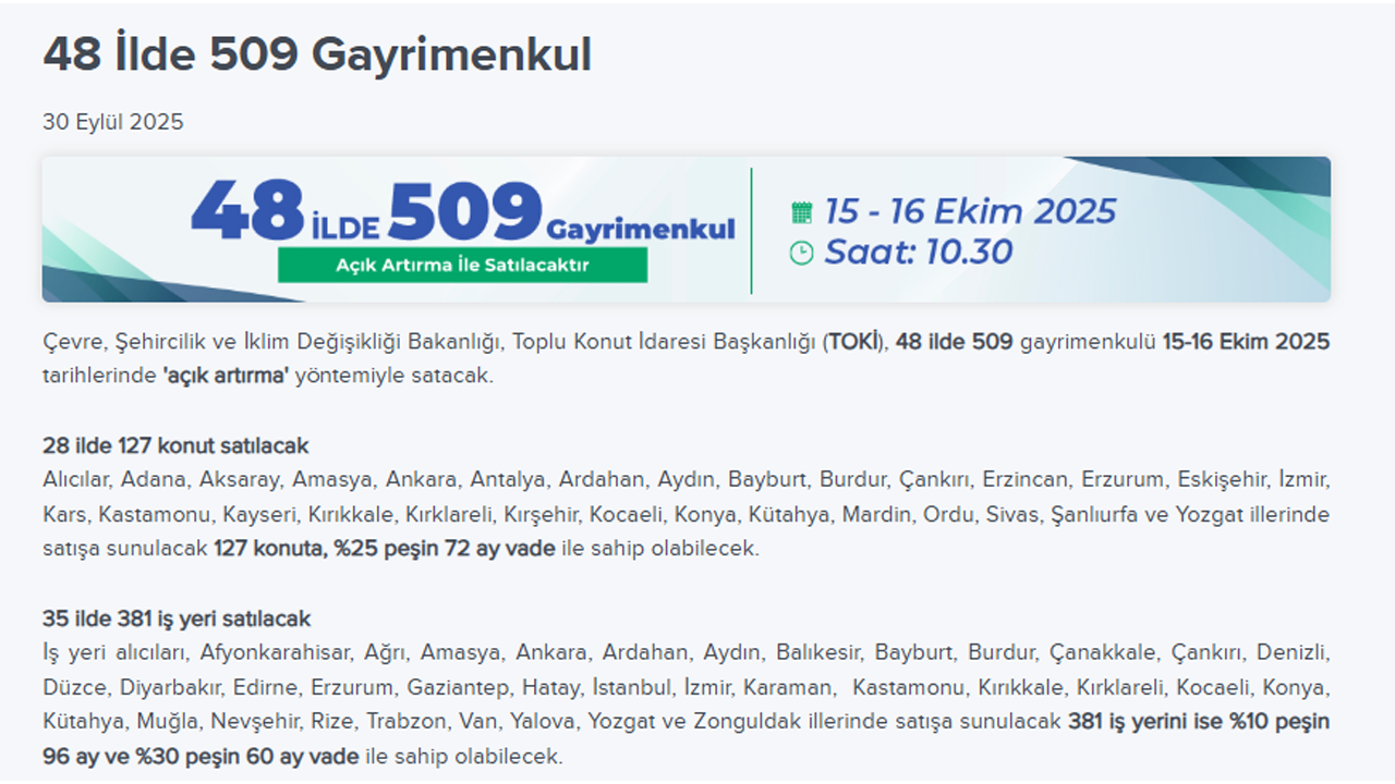 Toki 48 Ilde Konut Satışı Duyurusu