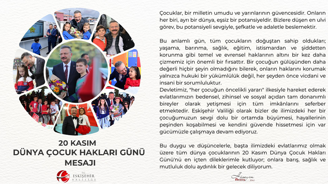 Vali Aksoy'un Dünya Çocuk Hakları Günü Mesajı