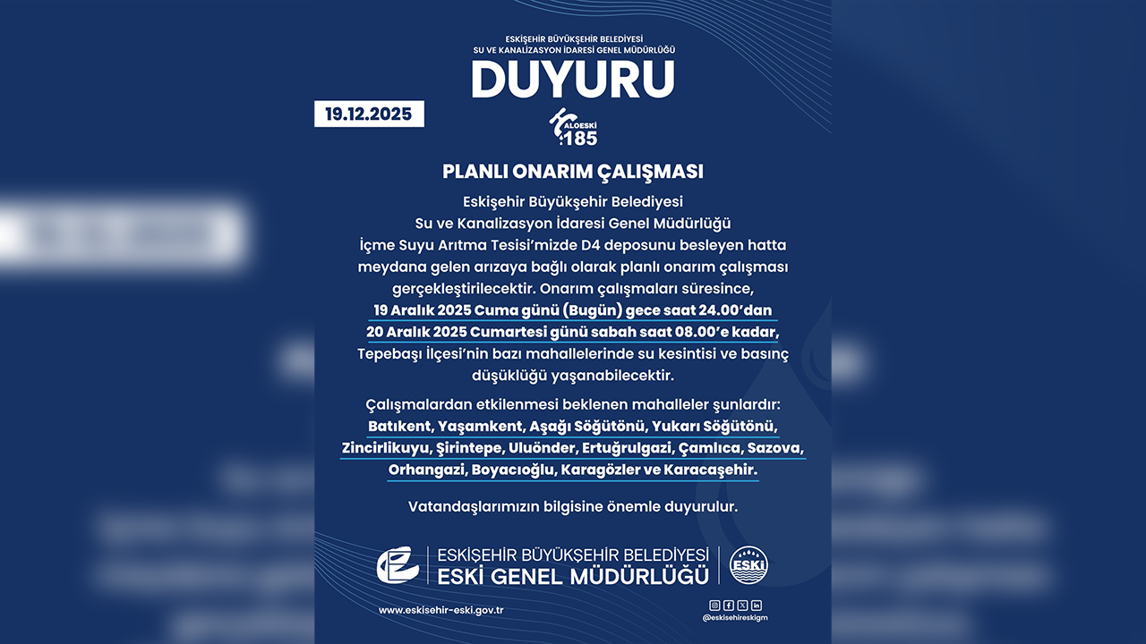 19 Aralık Eski Su Kesintisi Duyurusu