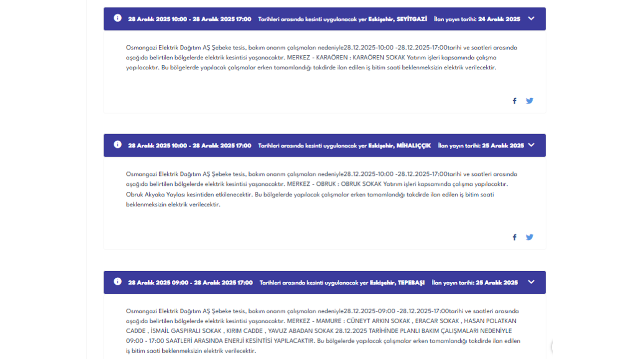 28 Aralık Eskişehir Elektrik Kesintisi Duyurusu Oedaş