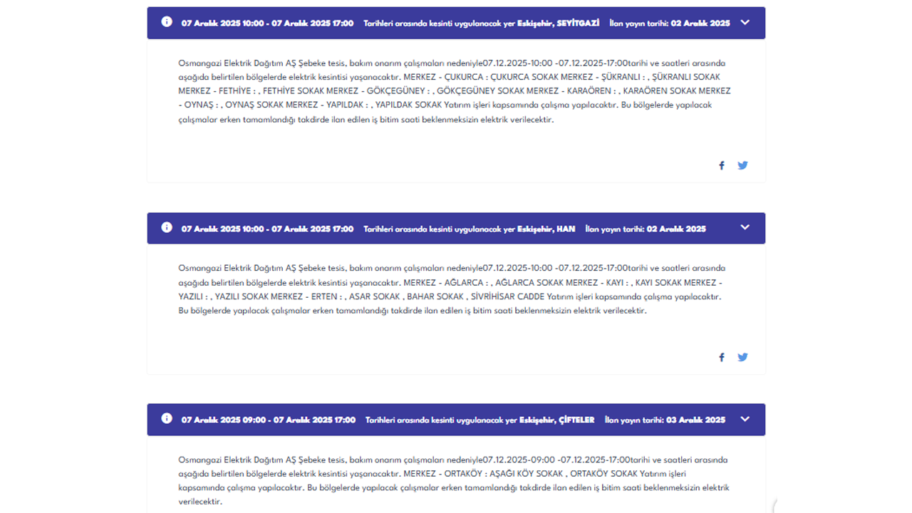 7 Aralık Oedaş Elektrik Kesintisi Duyurusu