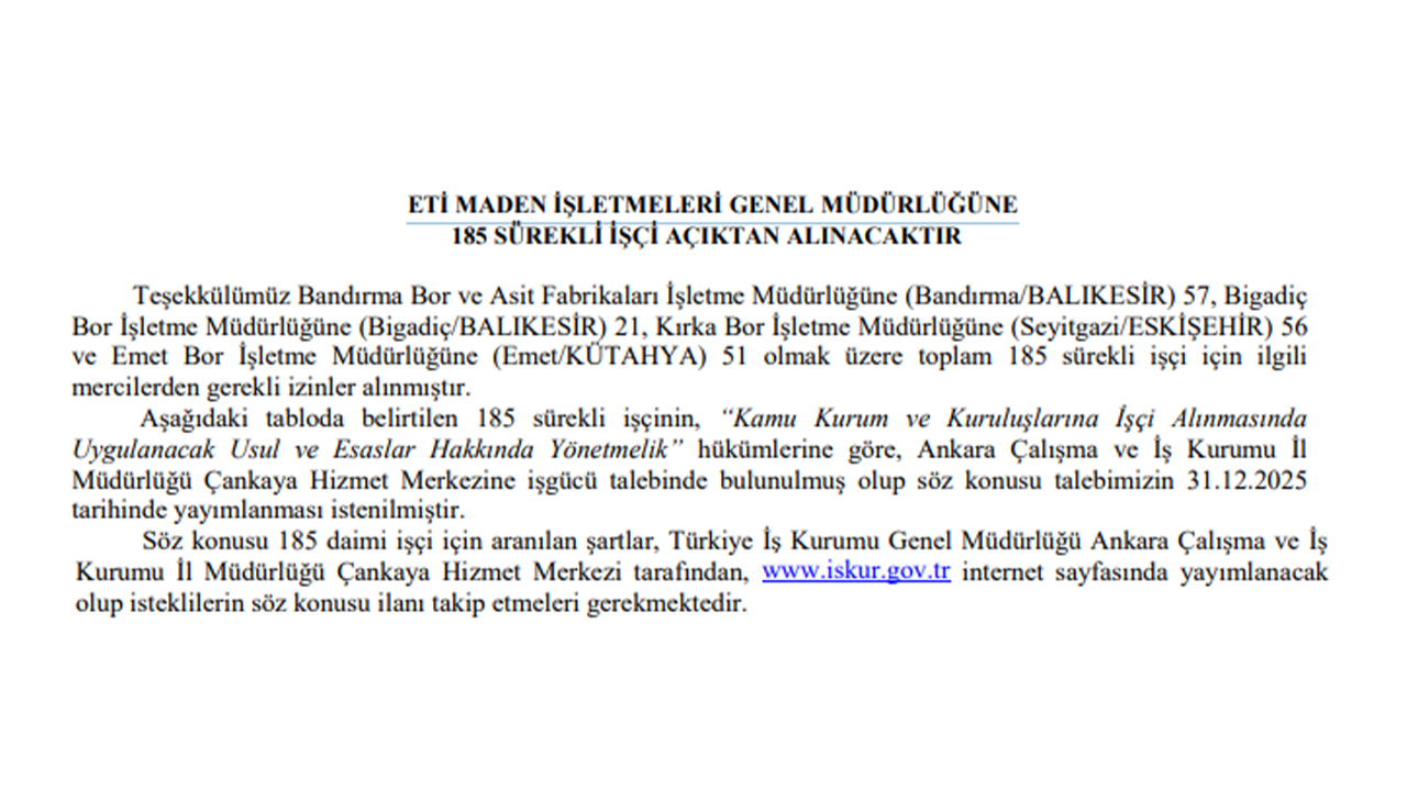 Eti Maden Işlemeleri Genel Müdürlüğü Işçi Alımı Duyurusu