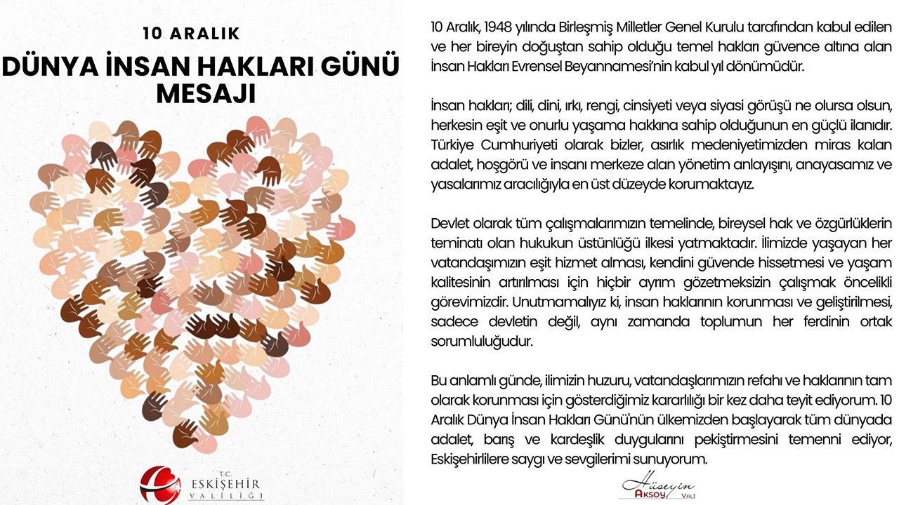 Vali Aksoy'un Dünya Insan Hakları Günü Mesajı