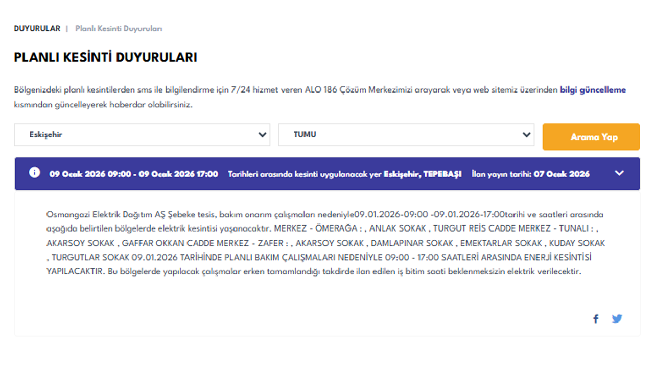 09 Ocak Eskişehir Elektrik Kesintisi