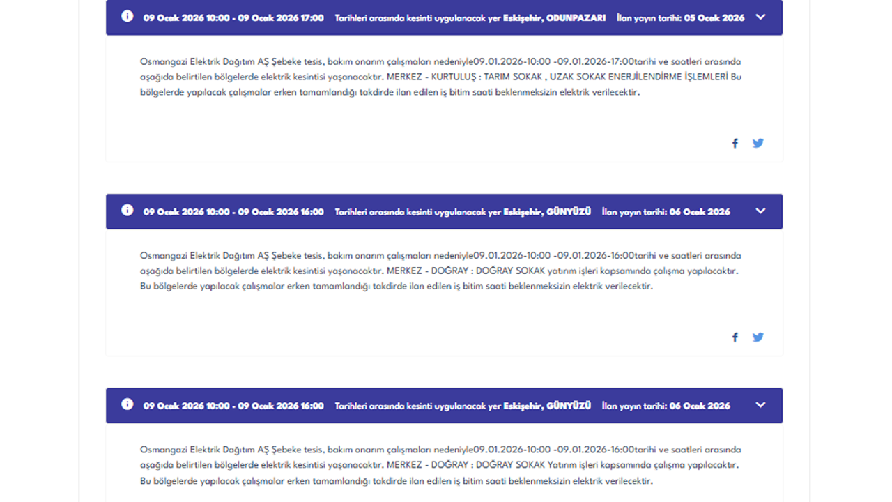 9 Ocak Eskişehir Elektrik Kesintisi Duyurusu