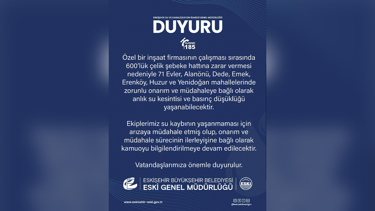 Eskişehir Eski Su Kesintisi Duyurusu