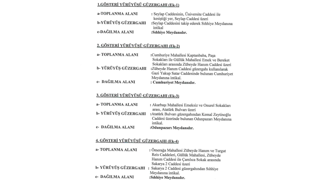 Eskişehir Valiliği Gösteri Yürüyüşü Güzergah Duyurusu