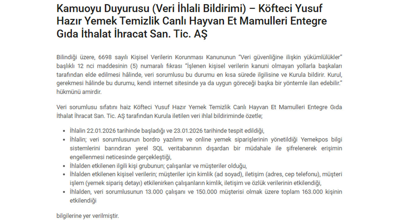 Kvkk Köfteci Yusuf Hk. Kamuoyu Duyurusu