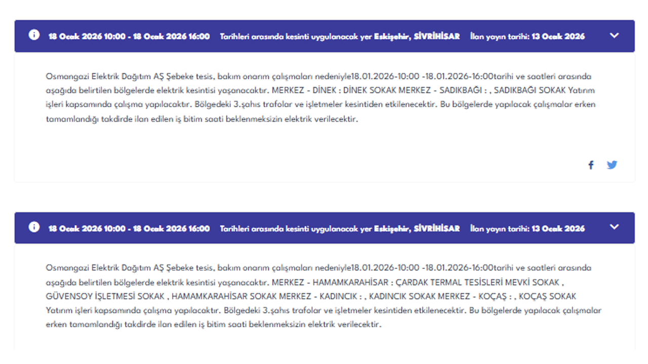 Oedaş Eskişehir Elektrik Kesintisi Duyurusu (18 Ocak)