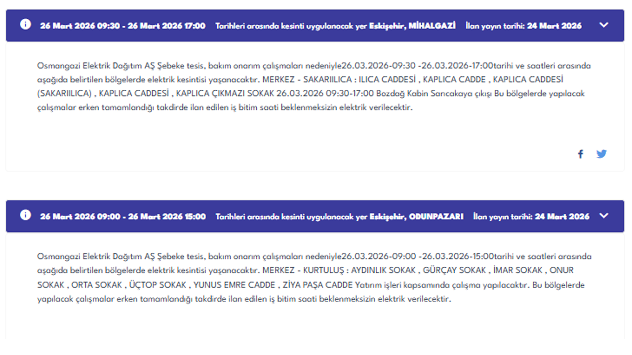 26 Mart Eskişehir Elektrik Kesintisi