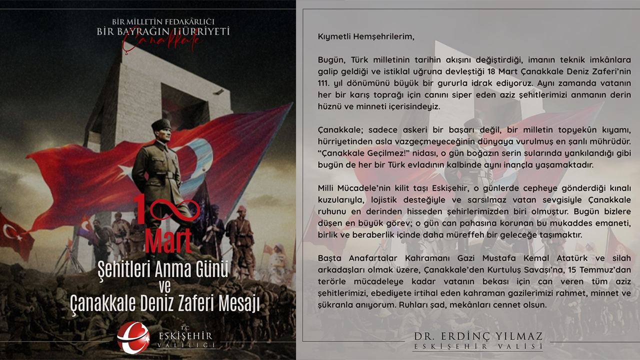Vali Yılmaz'ın Çanakkale Deniz Zaferi Mesajı