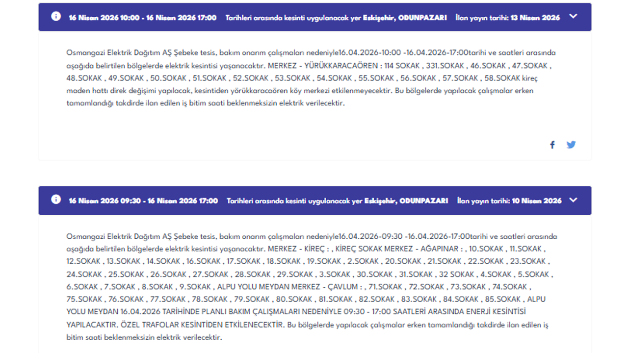 16 Nisan Eskişehir Elektrik Kesintisi Duyurusu