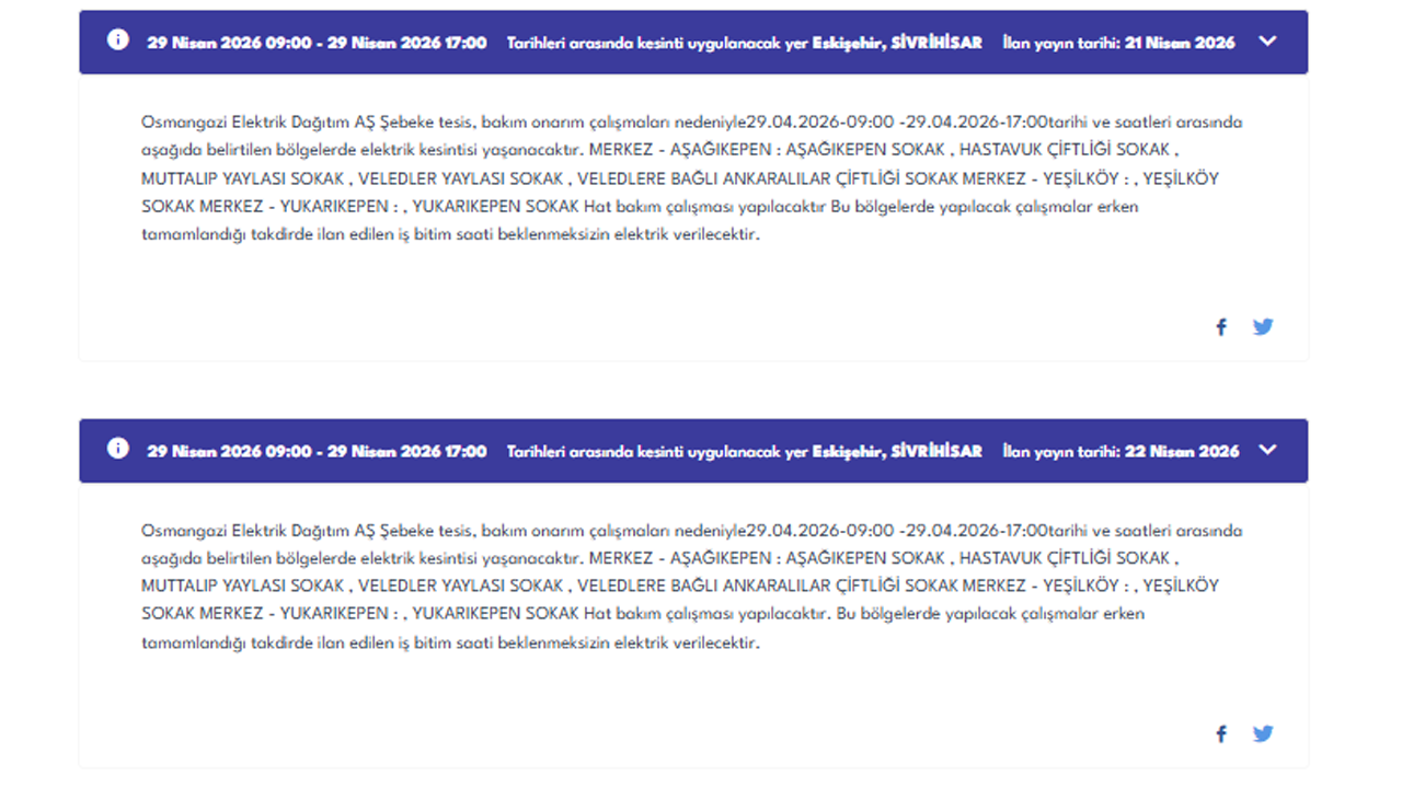 29 Nisan Çarşamba Oedaş Elektrik Kesintisi Duyurusu