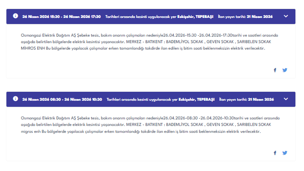 29 Nisan Eskişehir Elektrik Kesintisi Duyurusu Oedaş