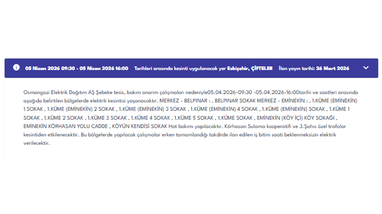 5 Nisan Pazar Eskişehir Çiftelr Elektrik Kesintisi Duyurusu