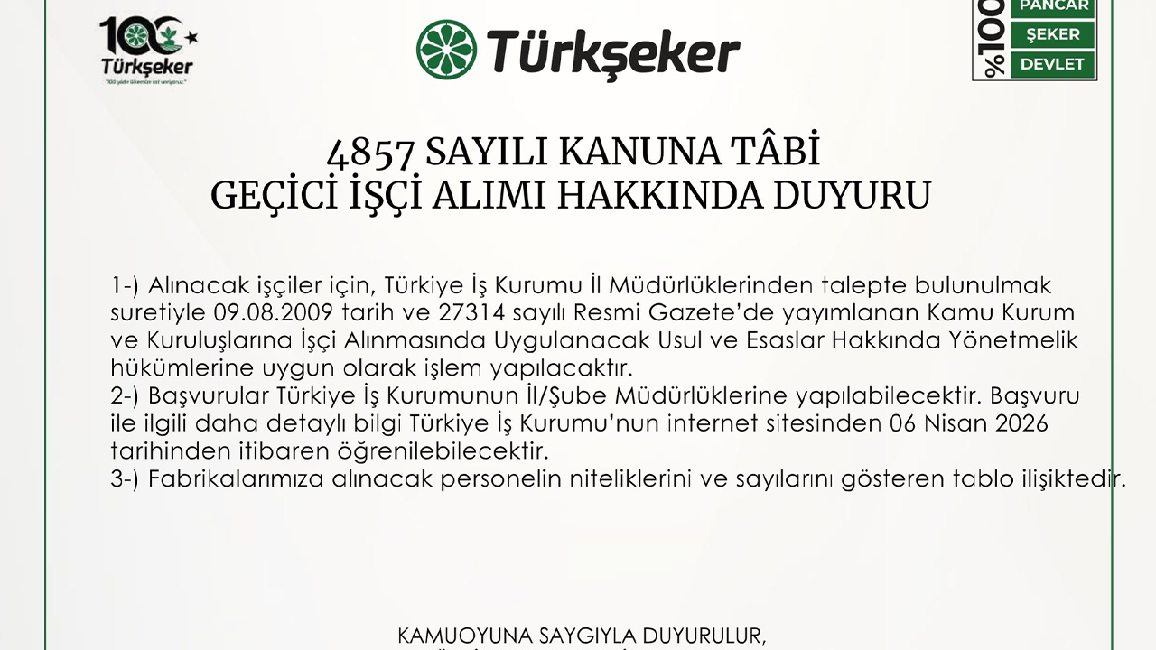 Türkşeker 525 Geçici Işçi Alımı Duyurusu