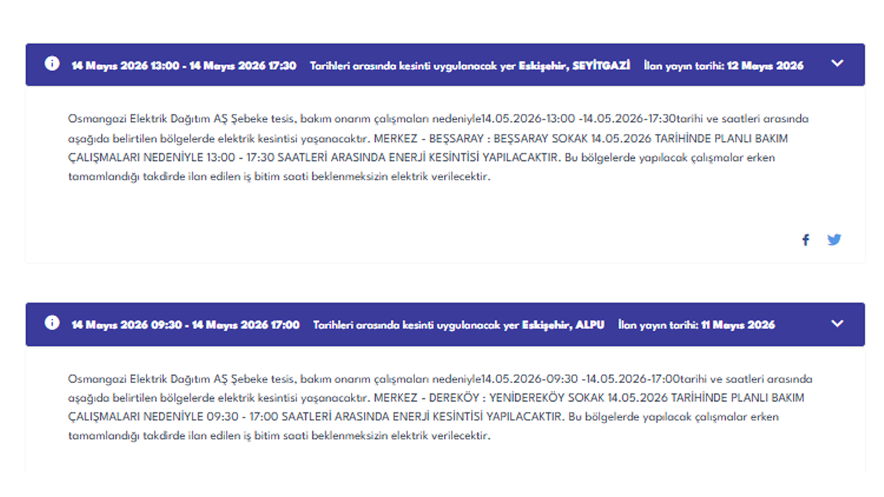 14 Mayıs Oedaş Eskişehir Elektrik Kesintisi Duyurusu